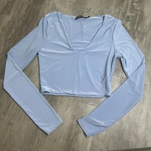 Prettylittlething Second Skin Long Sleeve Crop Top Blue Size 2 NWT
